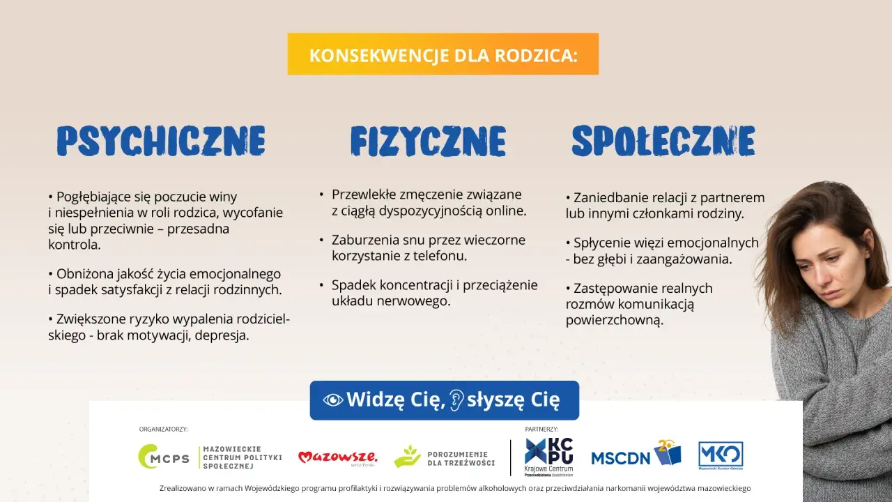 Konsekwencje dla rodzica: psychiczne, fizyczne i społeczne. Zaniedbanie relacji, spłycenie więzi, zastępowanie rozmów komunikacją.