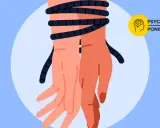 Dłonie spętane czarną liną, symbolizujące 8 oznak toksycznego związku. Obok logo "Psychologiczne Poniedziałki".