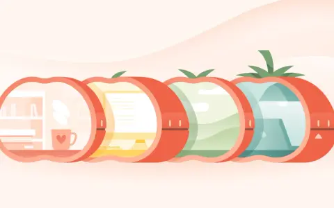 Cztery pomidory symbolizujące cykle pracy w technice pomodoro: biurko, komputer, krajobraz, wodę.