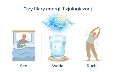 Sen, woda i ruch to klucz do produktywności. Ilustracja pokazuje śpiącą osobę, szklankę wody i ćwiczącego człowieka.