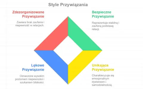 Diagram przedstawia cztery style przywiązania w związku: bezpieczne, lękowe, unikające i zdezorganizowane.