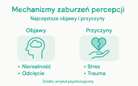 Zaburzenia percepcji: objawy (nierealność, odcięcie) i przyczyny (stres, trauma).