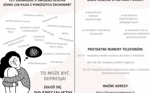 Jak pomóc dziecku w depresji? Grafika pokazuje objawy, miejsca pomocy i telefony zaufania. Zgłoś się do specjalisty!