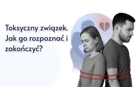 Para zgarbiona, związana sznurkiem, z pękniętym sercem w tle. Czy to toksyczny mąż? Jak rozpoznać i zakończyć taki związek?