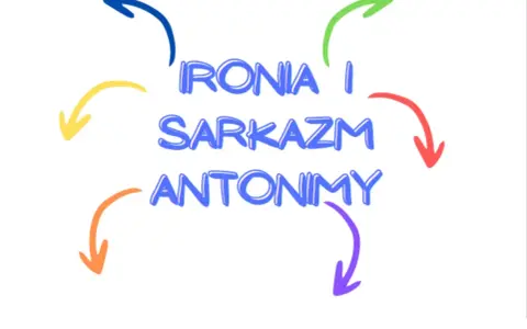 Kolorowe strzałki otaczają napis "IRONIA I SARKAZM ANTONIMY", sugerując, że te pojęcia są ze sobą powiązane, niczym w ironicznym poczuciu humoru.