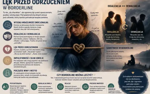 Lęk przed odrzuceniem w borderline: wysoka wrażliwość, idealizacja/dewaluacja, impulsywność, poczucie winy. Rady: psychoterapia, regulacja emocji, budowanie relacji, poczucie wartości.