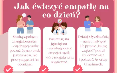Jak ćwiczyć empatię na co dzień? Słuchaj, postaw się na miejscu drugiej osoby, działaj z życzliwością. To przykłady, co to jest empatia.