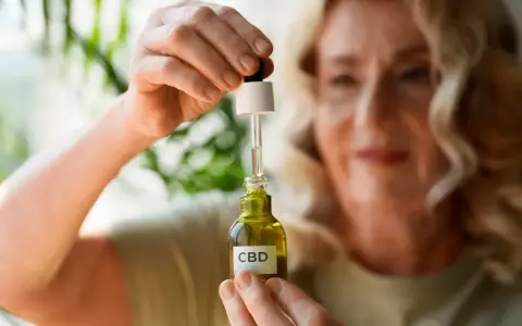 Kobieta trzyma buteleczkę z olejkiem CBD, szukając ukojenia od stresu.