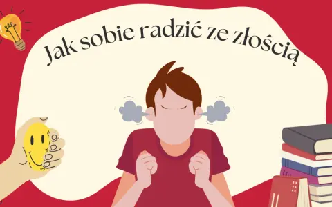 Chłopiec zły, z uszu leci dym. Ręka trzyma uśmiechniętą buźkę. Jak sobie radzić ze złością? Książki i żarówka pomysłów.