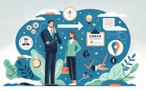 Biznesmen i kobieta rozmawiają. Na tablicy wisi napis "COACH". To symbol wsparcia i rozwoju.