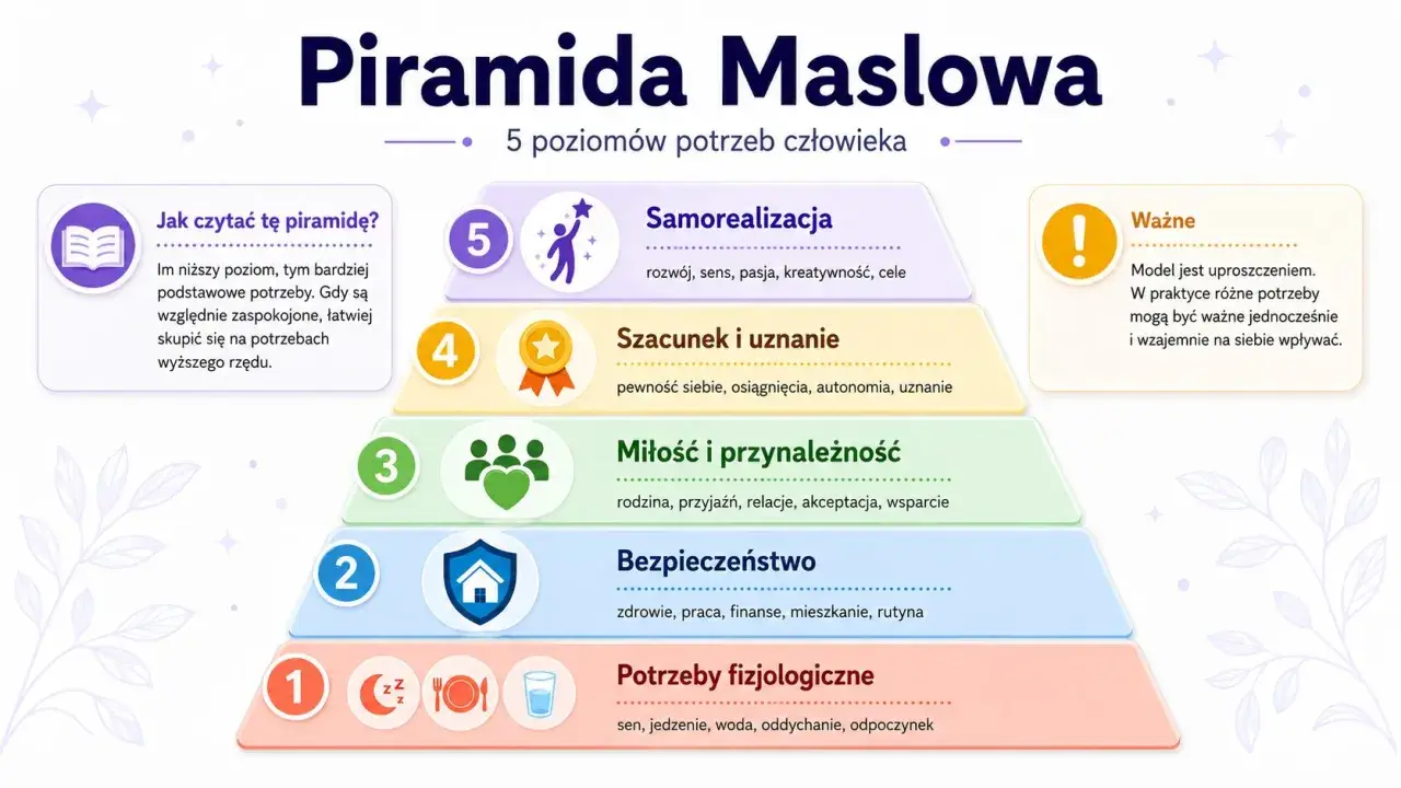 Piramida Maslowa przedstawia 5 poziomów potrzeb: fizjologiczne, bezpieczeństwo, miłość i przynależność, szacunek i uznanie, samorealizacja.
