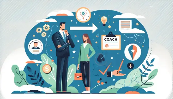 Biznesmen i kobieta rozmawiają. Na tablicy wisi napis "COACH". To symbol wsparcia i rozwoju.
