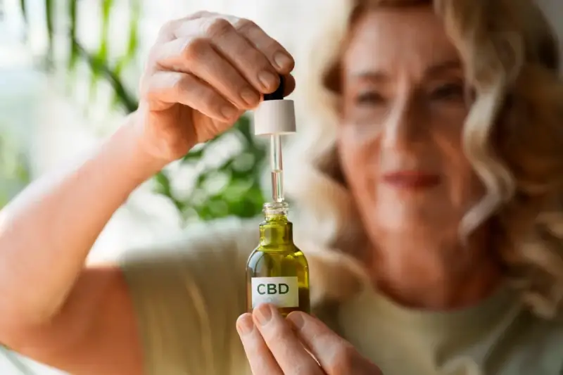 Kobieta trzyma buteleczkę z olejkiem CBD, szukając ukojenia od stresu.